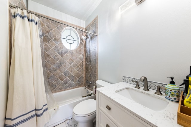 full bathroom featuring vanity, shower / bath combo, and toilet