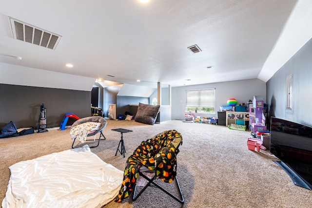 rec room with lofted ceiling and carpet floors