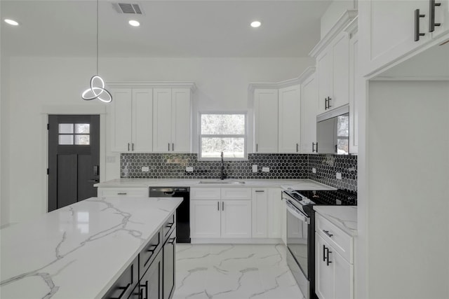 kitchen with dishwasher, white cabinets, stainless steel range with electric stovetop, sink, and hanging light fixtures