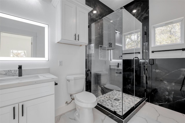 bathroom featuring toilet, vanity, and a shower with door