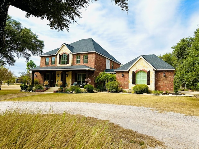 view of front of home with a porch and a front lawn