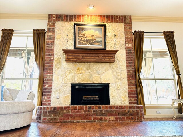 living room featuring plenty of natural light, hardwood / wood-style floors, and a fireplace