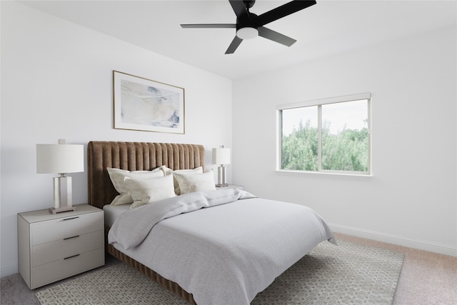 bedroom with ceiling fan and light colored carpet