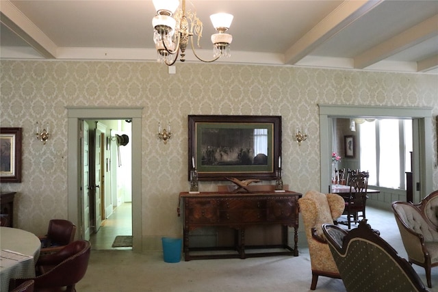 carpeted living room with beam ceiling and a chandelier