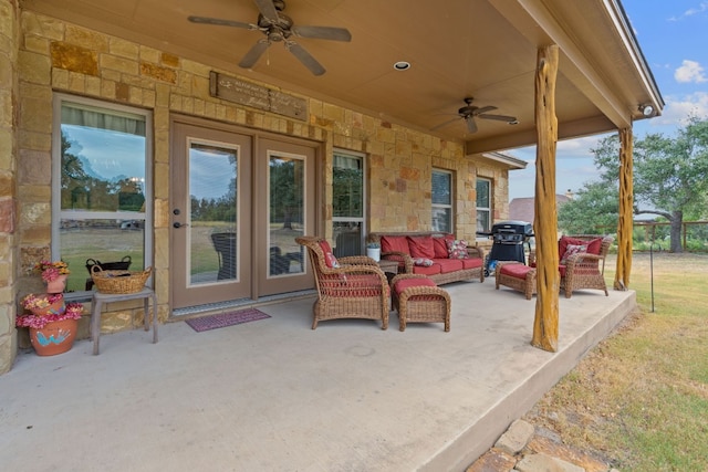 view of patio / terrace featuring outdoor lounge area, grilling area, and ceiling fan