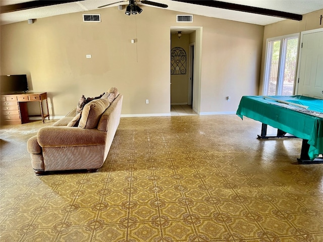 game room featuring ceiling fan, pool table, and vaulted ceiling with beams