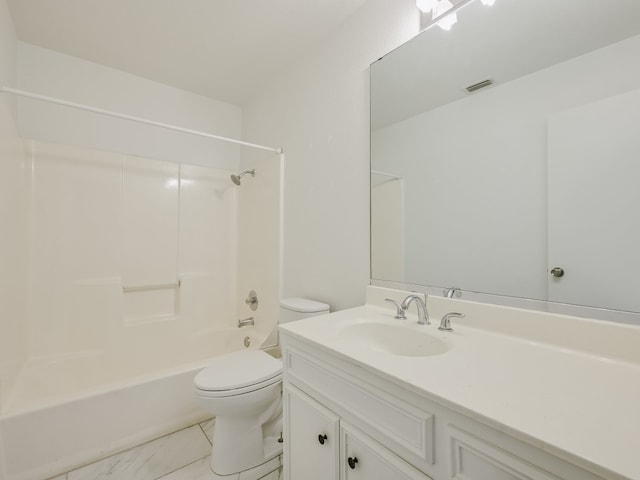 full bathroom with toilet, vanity, bathing tub / shower combination, and tile patterned flooring