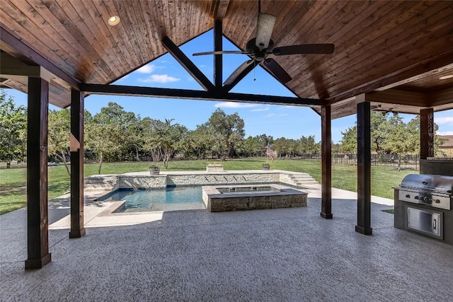 view of swimming pool with a patio, a lawn, a grill, an in ground hot tub, and ceiling fan