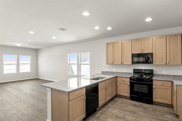 204 Lavender Ln, Elgin, TX 78621 - kitchen featuring black appliances, a peninsula, wood finished floors, recessed lighting, and light stone countertops