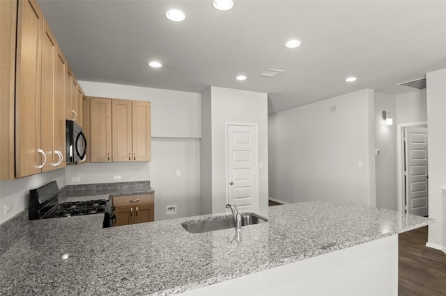204 Lavender Ln, Elgin, TX 78621 - kitchen with black appliances, light stone counters, dark wood-style flooring, recessed lighting, and a peninsula