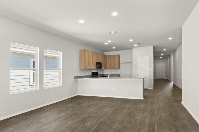 204 Lavender Ln, Elgin, TX 78621 - kitchen with black microwave, dark wood-style floors, a peninsula, recessed lighting, and light countertops