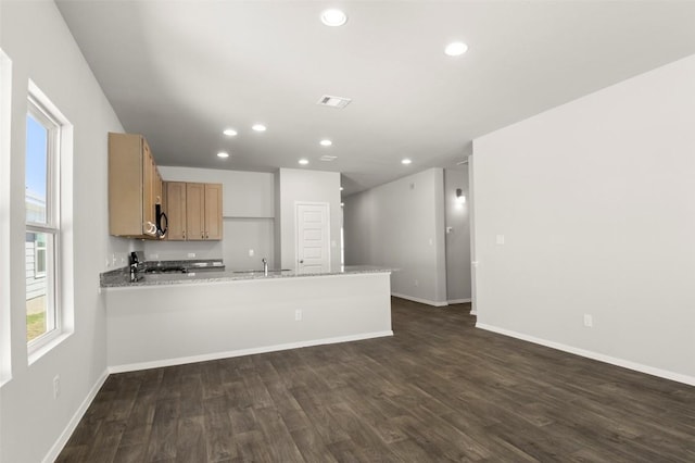 204 Lavender Ln, Elgin, TX 78621 - kitchen featuring a peninsula, dark wood-type flooring, recessed lighting, range, and black microwave