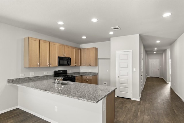 204 Lavender Ln, Elgin, TX 78621 - kitchen featuring black appliances, a peninsula, light stone countertops, dark wood-style floors, and recessed lighting