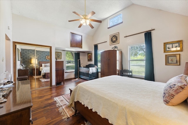 bedroom with dark hardwood / wood-style flooring, a textured ceiling, high vaulted ceiling, and ceiling fan