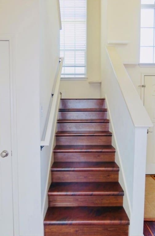 stairs with hardwood / wood-style flooring and a healthy amount of sunlight