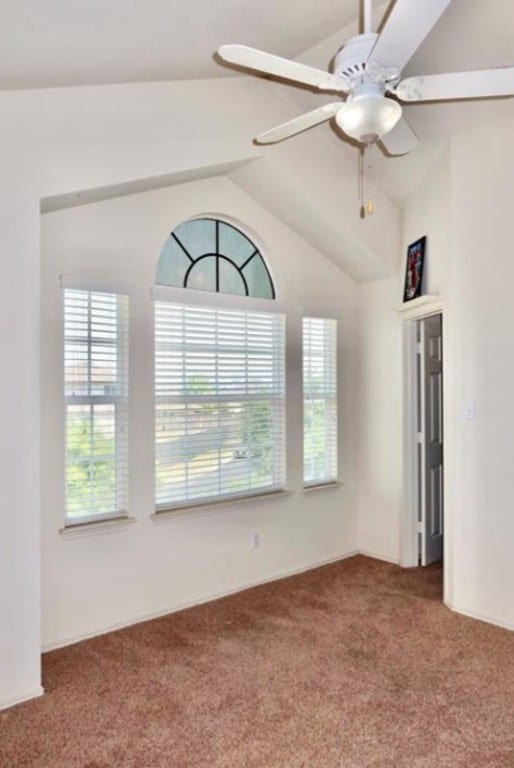 unfurnished room with lofted ceiling, carpet floors, and ceiling fan