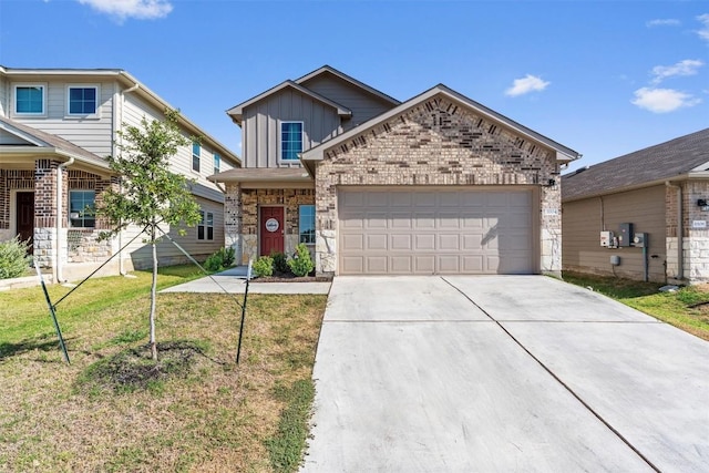 11104 Roving Pass, Elgin, TX 78621 - view of front of house featuring stone siding, an attached garage, board and batten siding, a front yard, and driveway