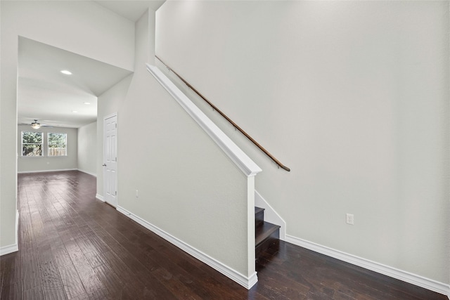 staircase with hardwood / wood-style flooring and ceiling fan