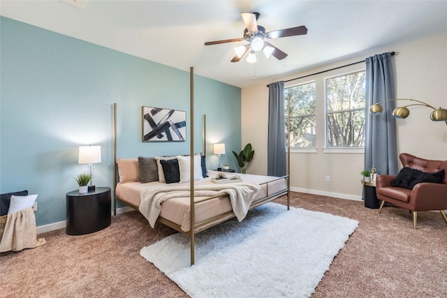 bedroom with ceiling fan and carpet