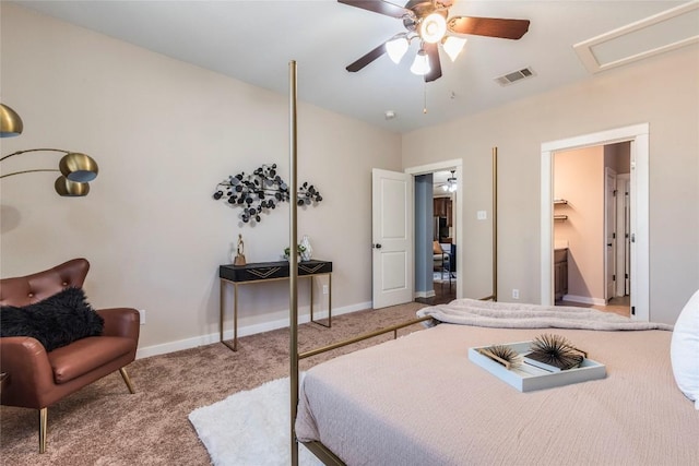 carpeted bedroom with a closet and ceiling fan