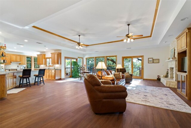 living room featuring hardwood / wood-style flooring, ceiling fan, a raised ceiling, and a stone fireplace