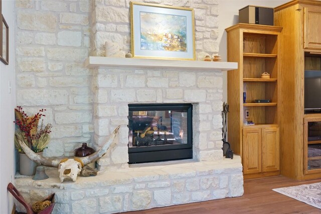 room details featuring hardwood / wood-style flooring, built in shelves, and a fireplace