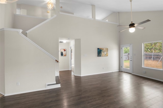 unfurnished living room featuring beam ceiling, high vaulted ceiling, dark wood-type flooring, and ceiling fan