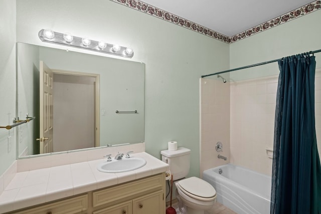 full bathroom with toilet, vanity, and shower / bathtub combination with curtain