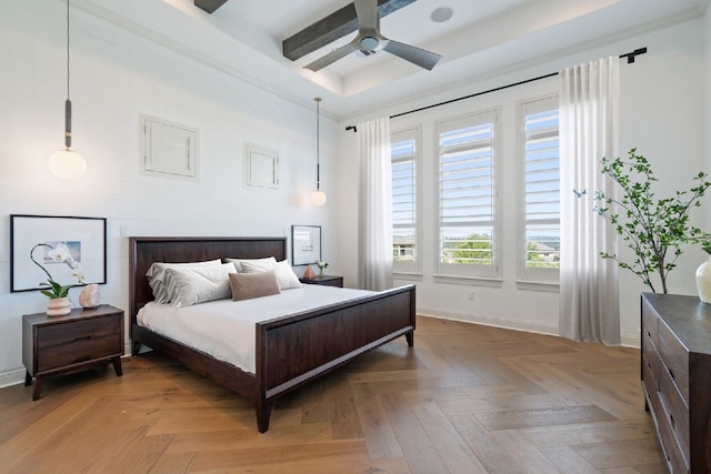 bedroom featuring light parquet floors and ceiling fan