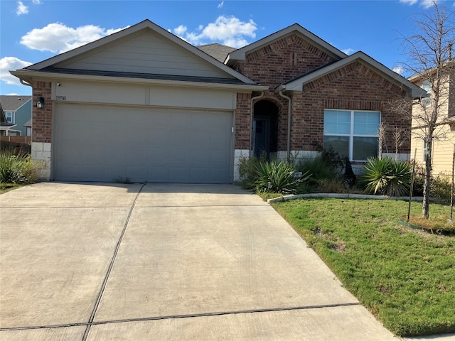 ranch-style house with a front yard and a garage