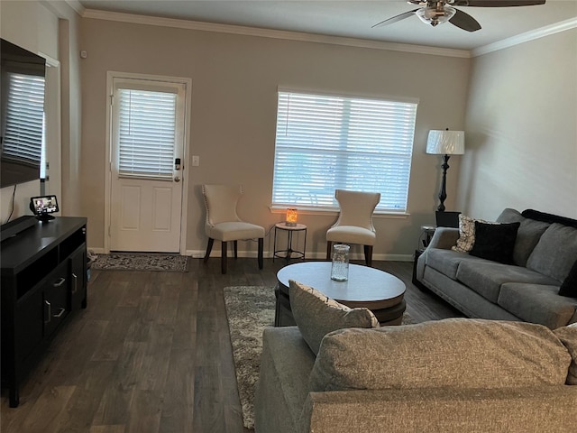 living room featuring ornamental molding, ceiling fan, and dark hardwood / wood-style flooring