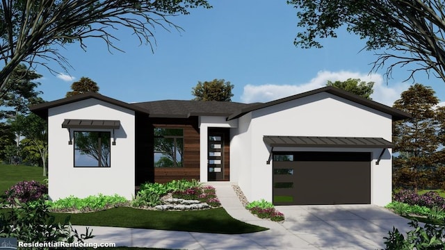 view of front of house with an attached garage, driveway, and stucco siding