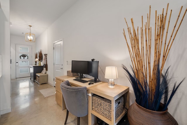 home office with an inviting chandelier