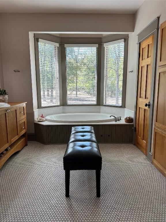 bathroom featuring vanity and a tub to relax in