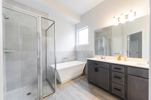 bathroom featuring vanity and separate shower and tub