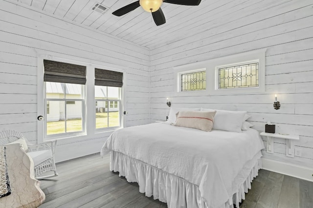 bedroom featuring wood walls, wood ceiling, wood-type flooring, and ceiling fan