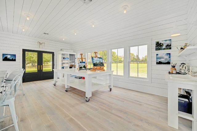 recreation room featuring wooden walls, light wood-type flooring, a healthy amount of sunlight, and french doors