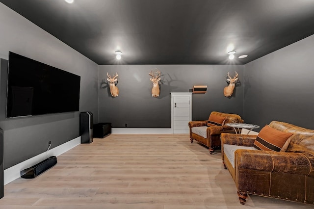 cinema room featuring light wood-type flooring