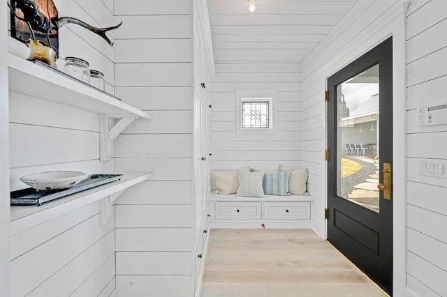 bathroom with wooden walls and hardwood / wood-style floors