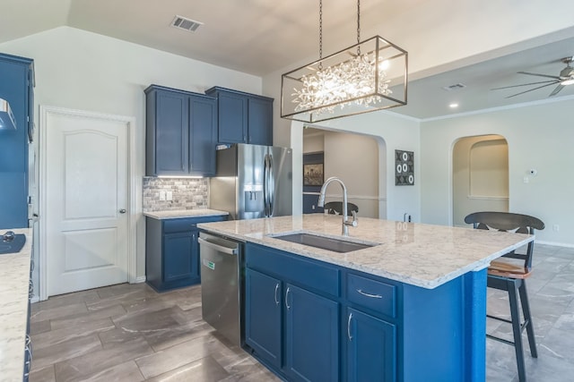 kitchen featuring a center island with sink, appliances with stainless steel finishes, sink, and blue cabinets