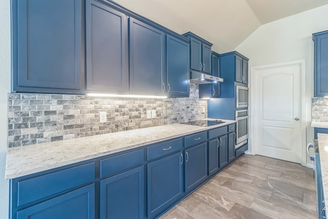 kitchen with black electric stovetop, backsplash, stainless steel oven, vaulted ceiling, and blue cabinetry