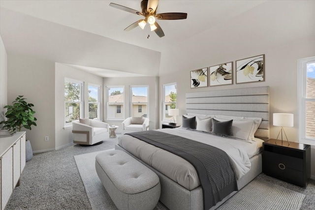 carpeted bedroom with multiple windows and ceiling fan