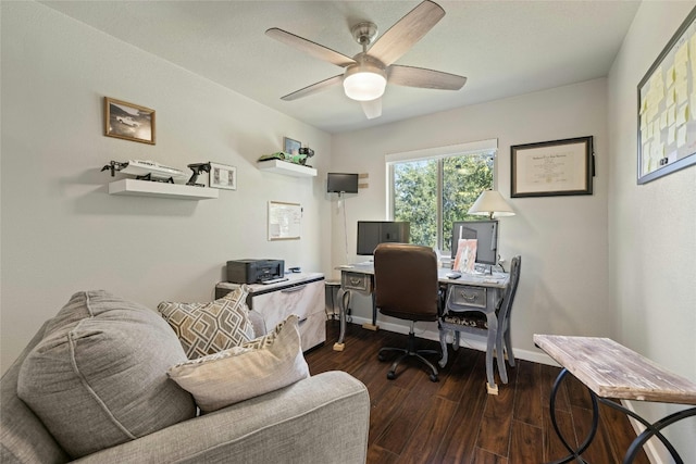 office space with dark hardwood / wood-style floors and ceiling fan