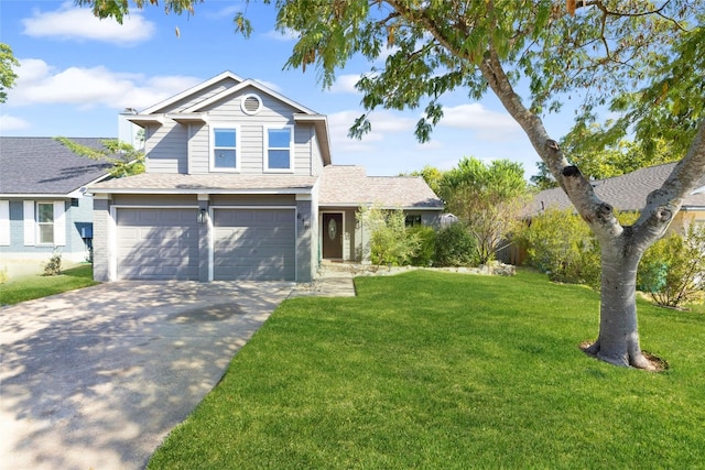 view of front of house with a front lawn and a garage