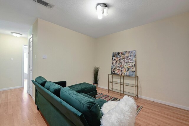 living room featuring a textured ceiling and wood-type flooring