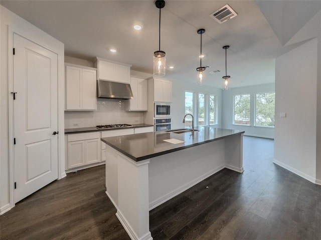 kitchen with visible vents, a sink, appliances with stainless steel finishes, under cabinet range hood, and dark countertops