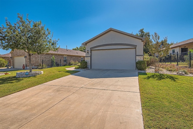 ranch-style home with a garage and a front yard