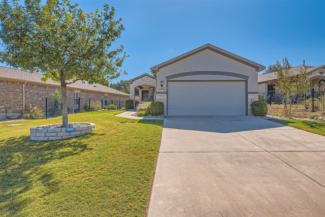 ranch-style home with a garage and a front lawn