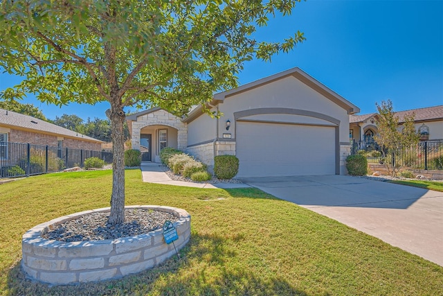 ranch-style house with a front yard and a garage