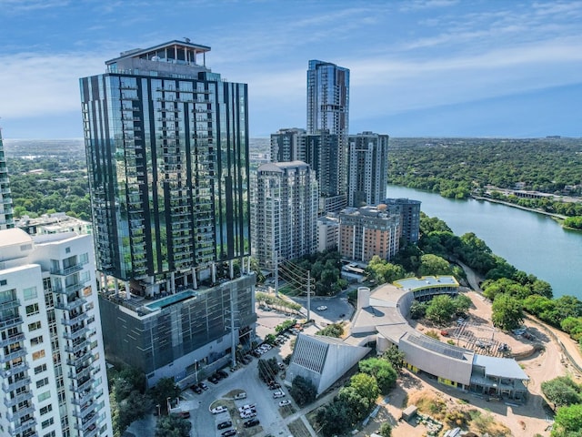 bird's eye view with a water view